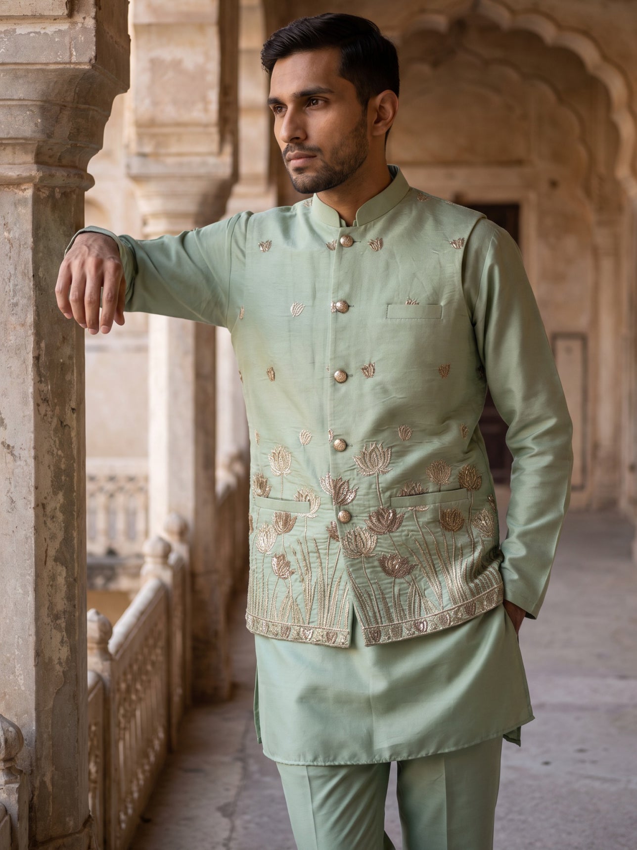 Embroidered Nehru Jacket With Kurta Pyjama Set ( 65KPWC 5586P 4181Pista )