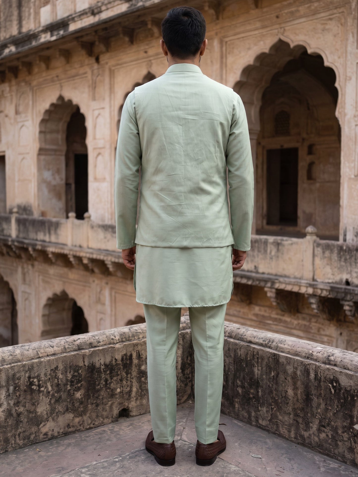 Embroidered Nehru Jacket With Kurta Pyjama Set ( 65KPWC 5586P 4181Pista )