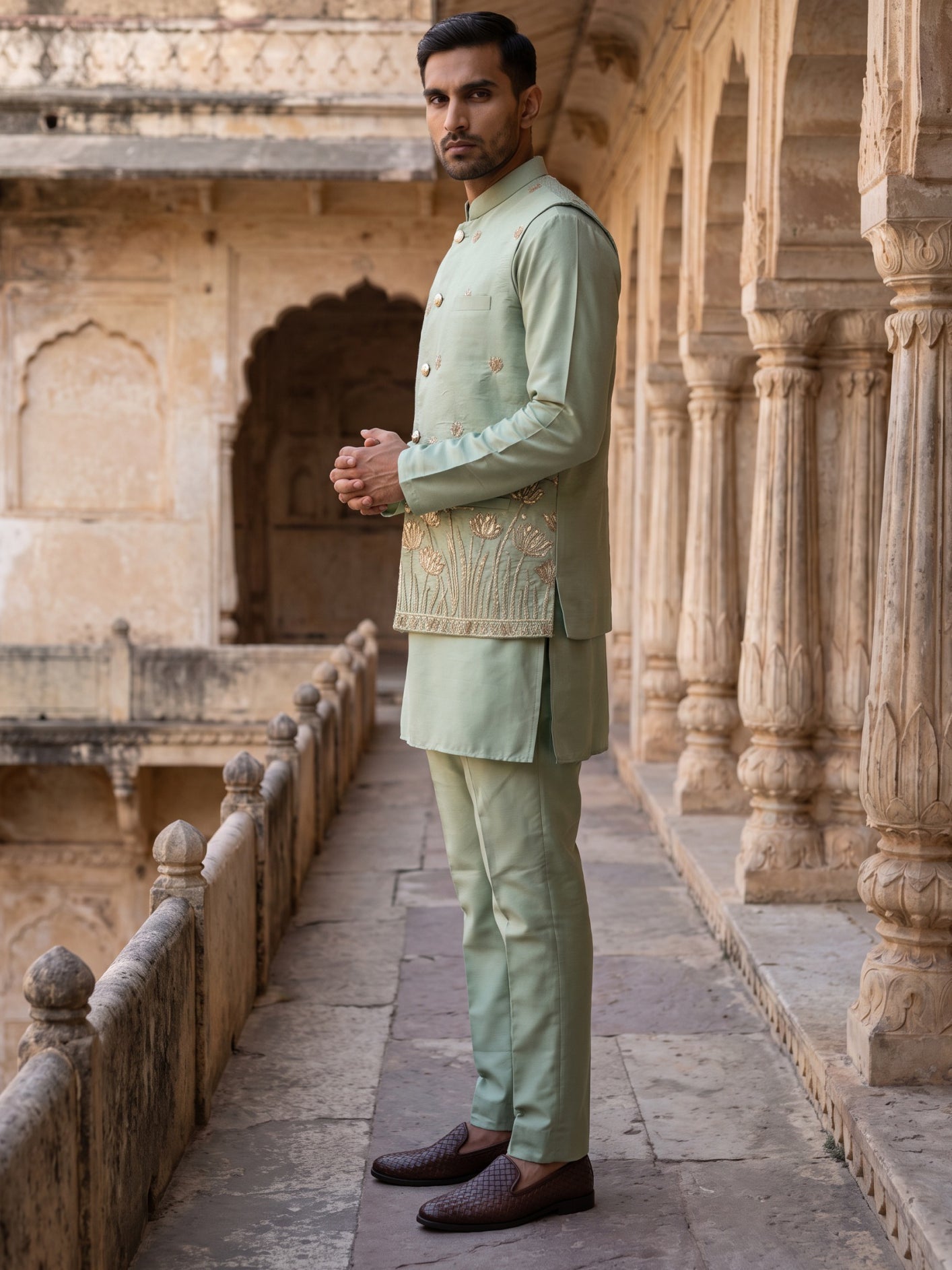 Embroidered Nehru Jacket With Kurta Pyjama Set ( 65KPWC 5586P 4181Pista )