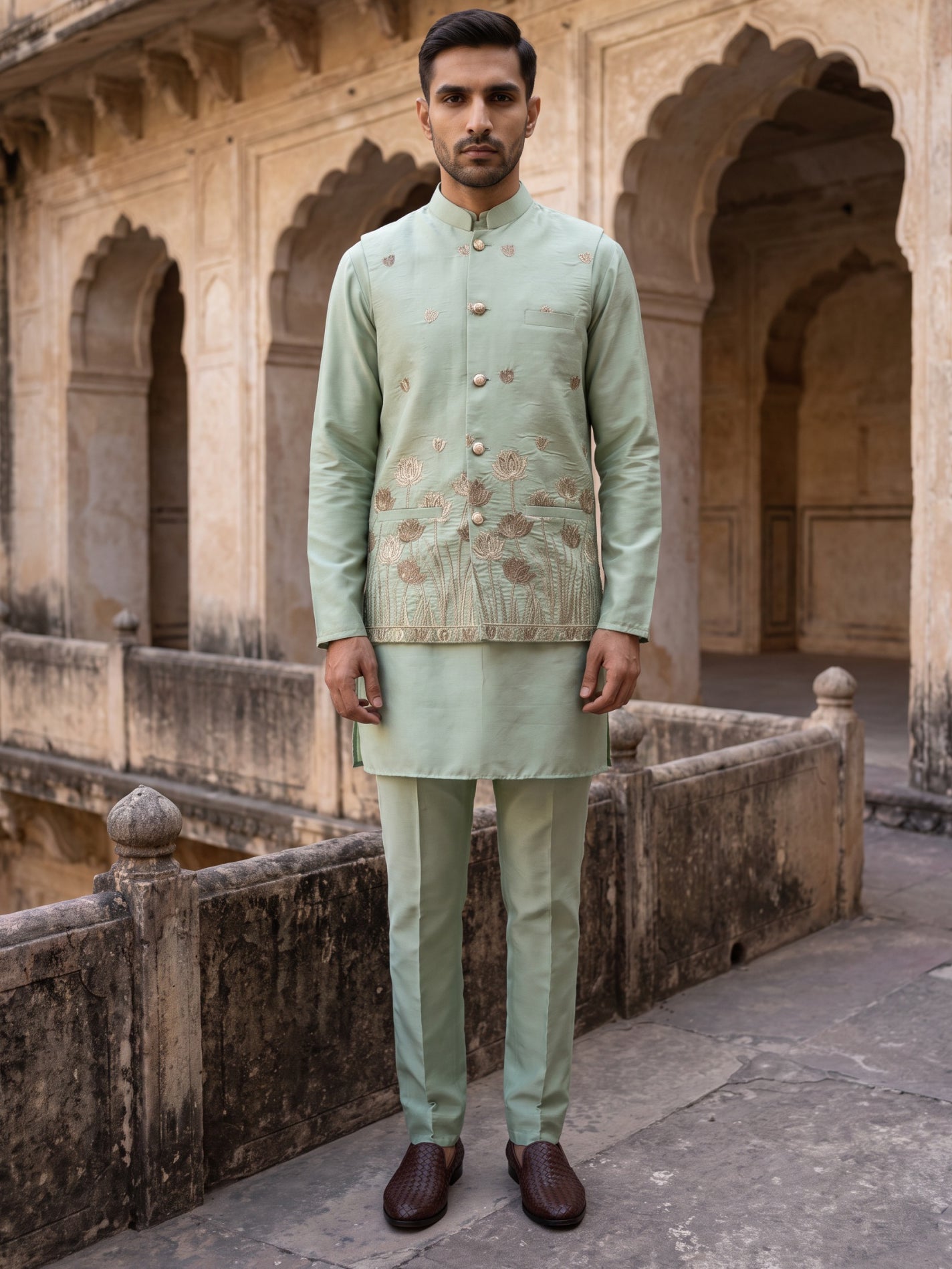 Embroidered Nehru Jacket With Kurta Pyjama Set ( 65KPWC 5586P 4181Pista )