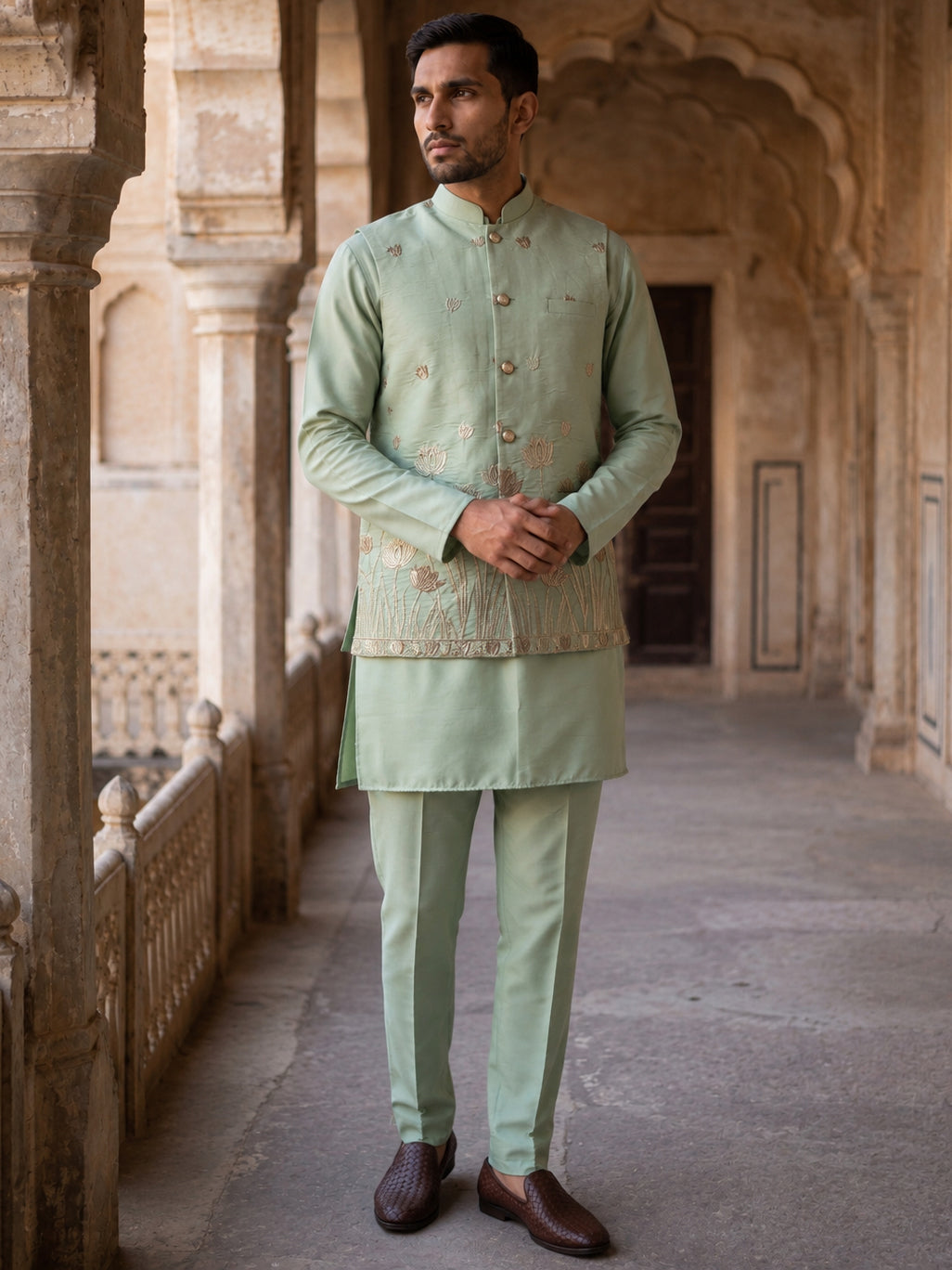 Embroidered Nehru Jacket With Kurta Pyjama Set ( 65KPWC 5586P 4181Pista )