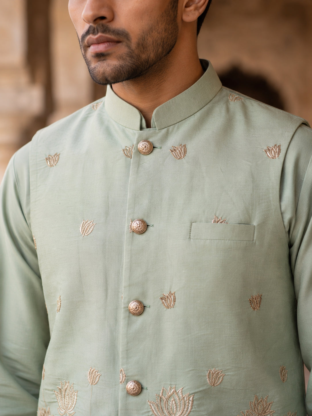 Embroidered Nehru Jacket With Kurta Pyjama Set ( 65KPWC 5586P 4181Pista )