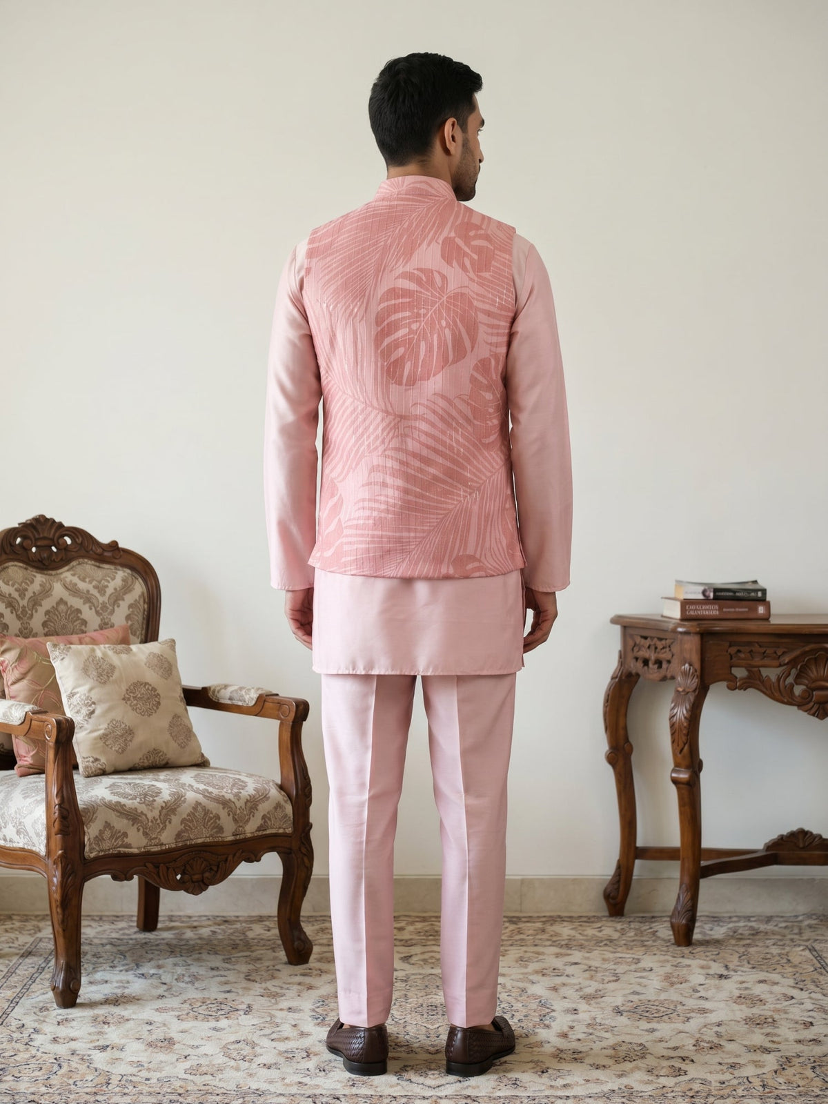 Men Printed Cotton Blend Nehru Jacket with Kurta Set ( 65KPWC 5586Pe 4158Peach )