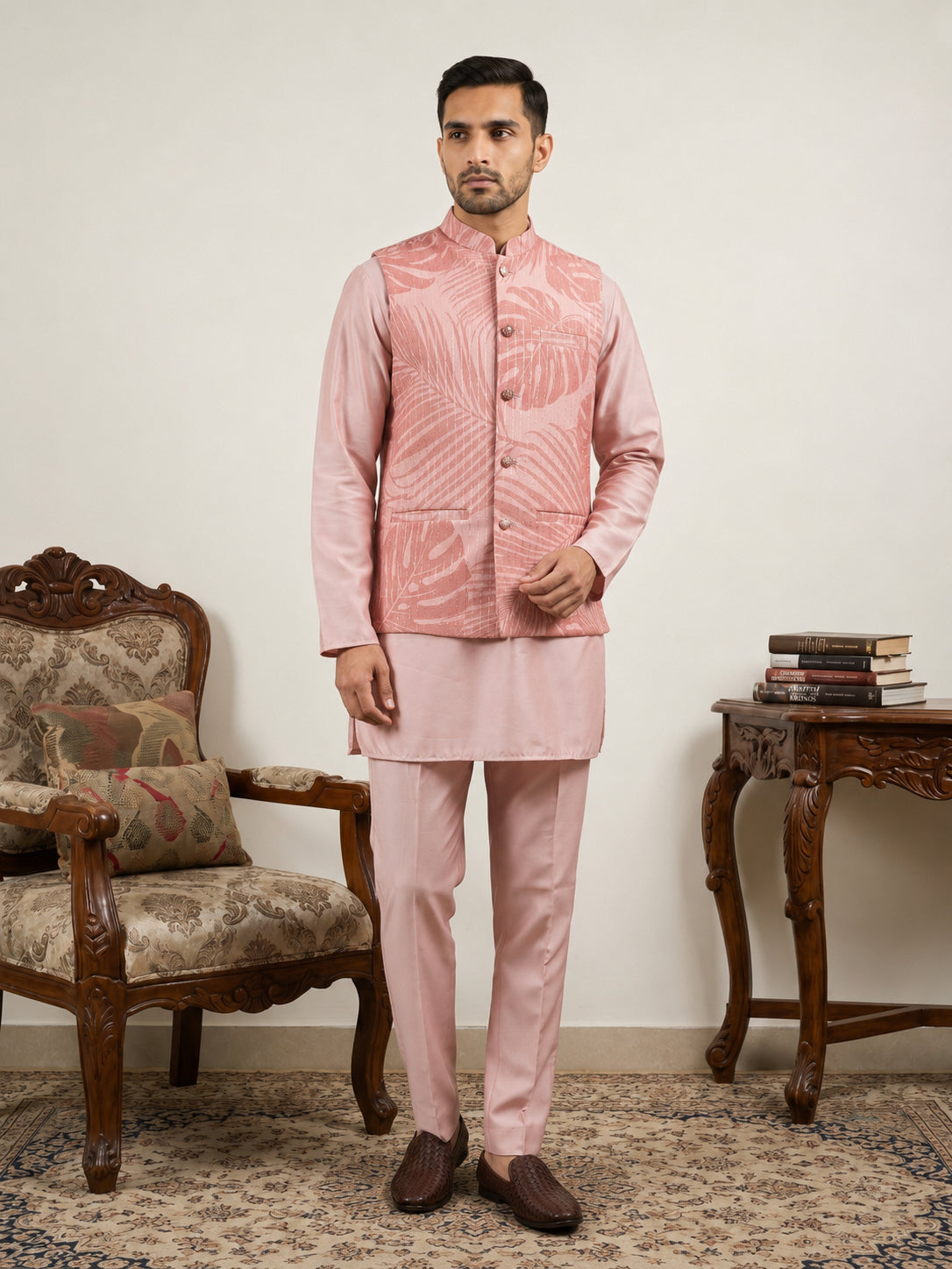 Men Printed Cotton Blend Nehru Jacket with Kurta Set ( 65KPWC 5586Pe 4158Peach )