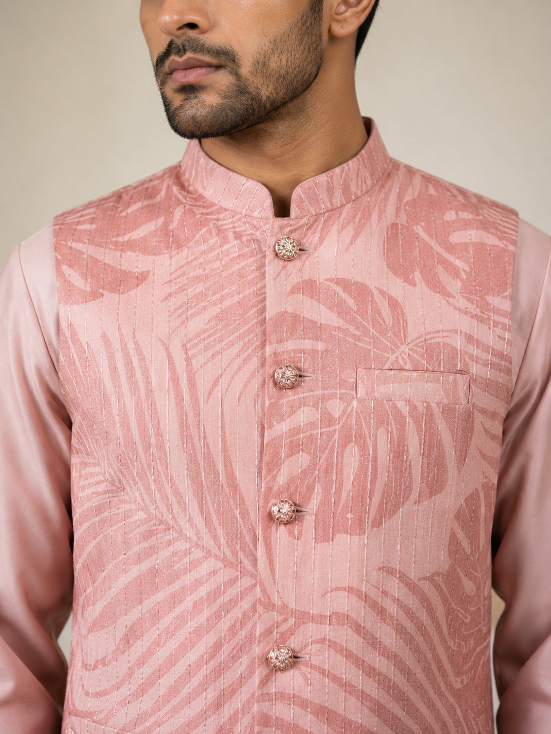 Men Printed Cotton Blend Nehru Jacket with Kurta Set ( 65KPWC 5586Pe 4158Peach )