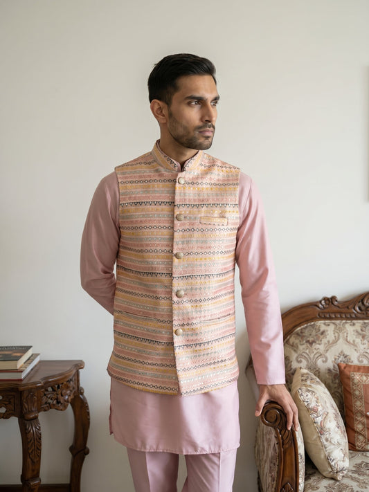 Men Cotton Blend Woven Nehru Jacket with Kurta Set ( 65KPWC 5586Pe 4161Peach )