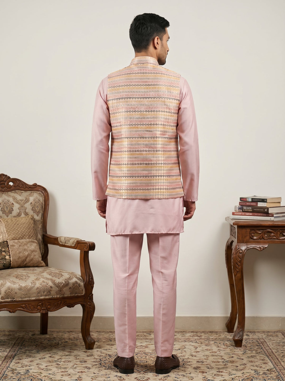 Men Cotton Blend Woven Nehru Jacket with Kurta Set ( 65KPWC 5586Pe 4161Peach )