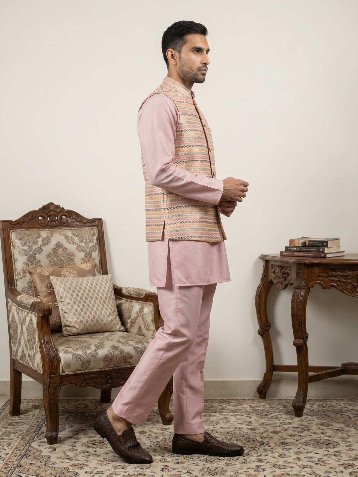 Men Cotton Blend Woven Nehru Jacket with Kurta Set ( 65KPWC 5586Pe 4161Peach )