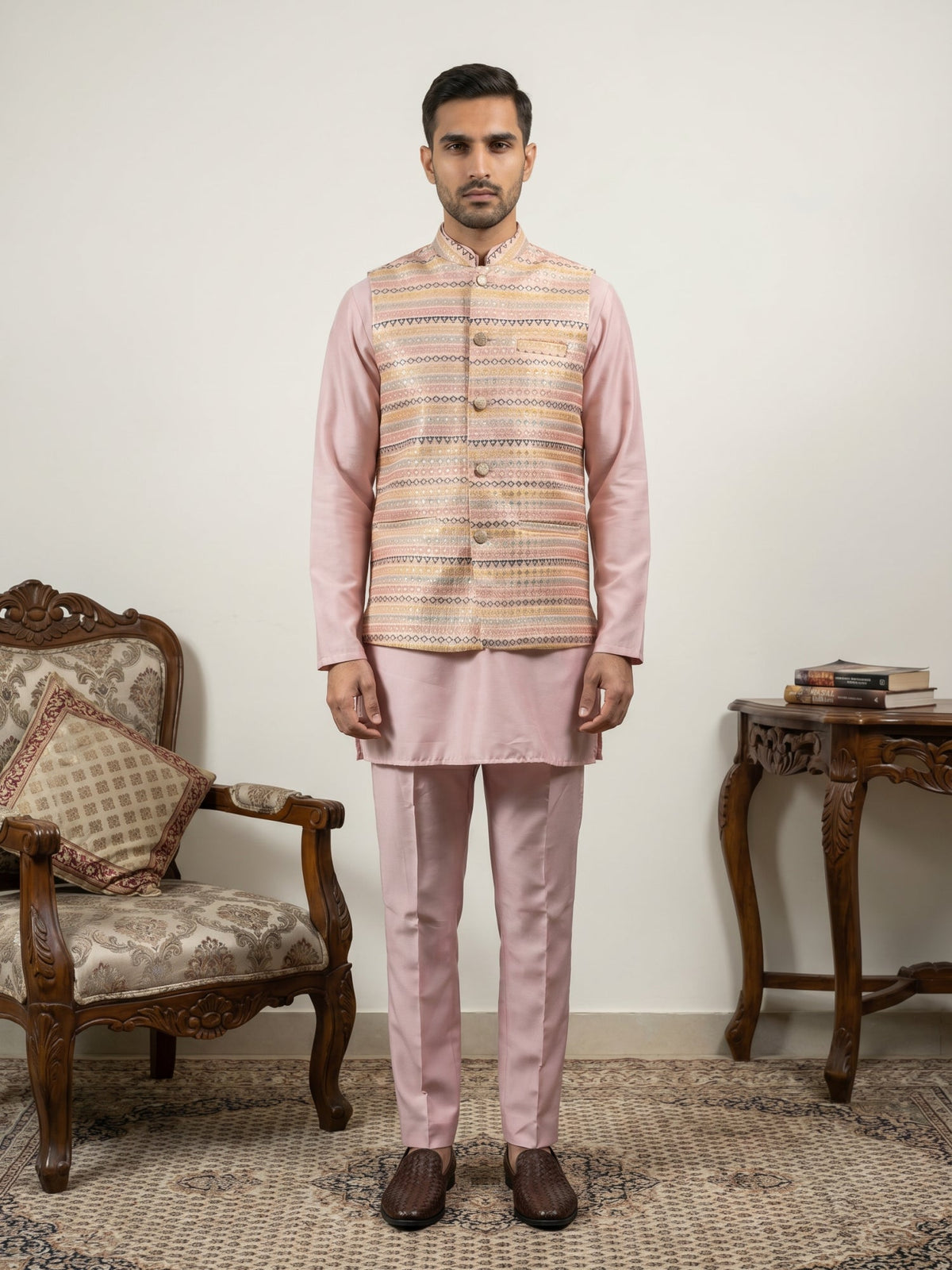 Men Cotton Blend Woven Nehru Jacket with Kurta Set ( 65KPWC 5586Pe 4161Peach )