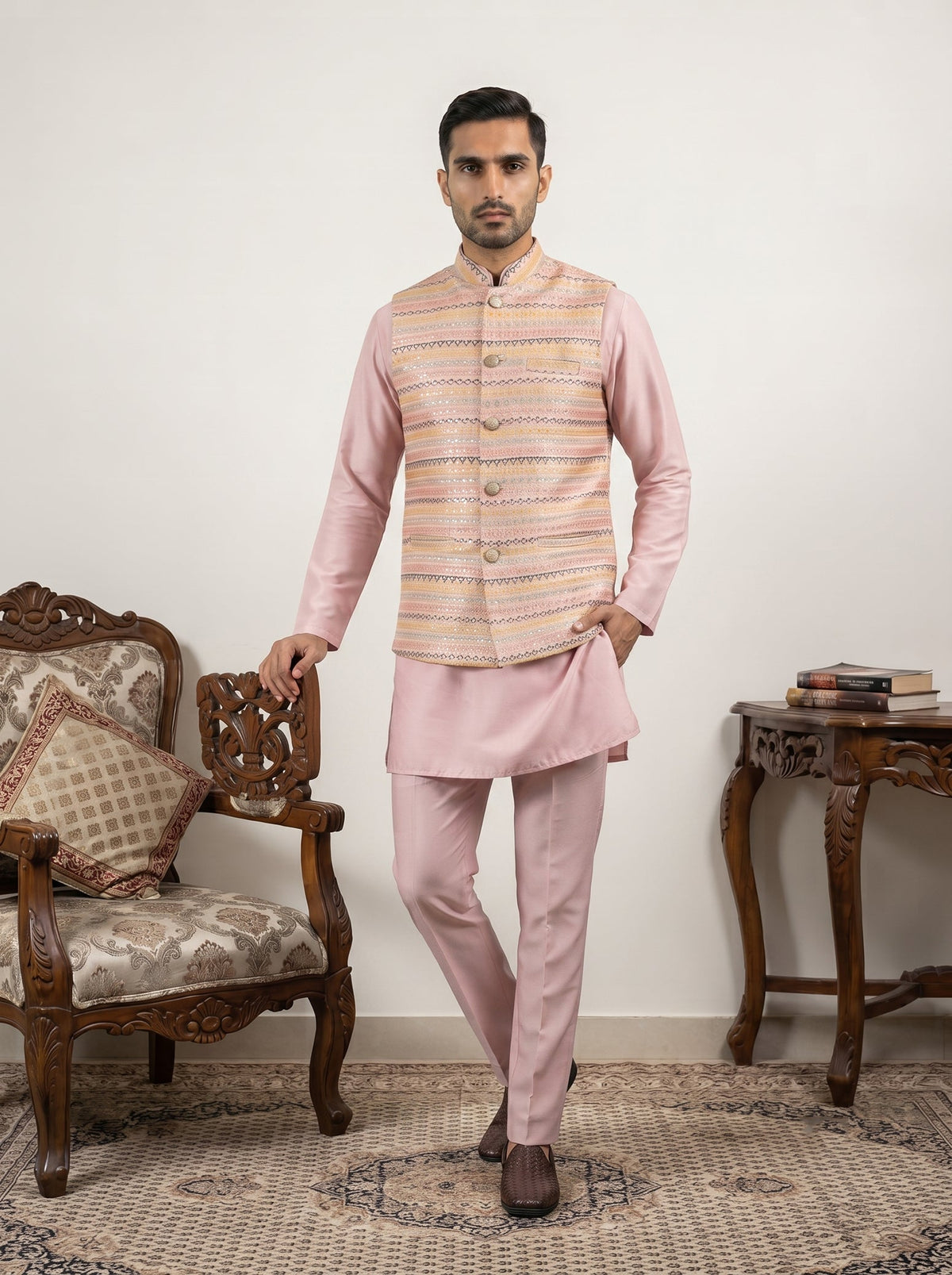 Men Cotton Blend Woven Nehru Jacket with Kurta Set ( 65KPWC 5586Pe 4161Peach )