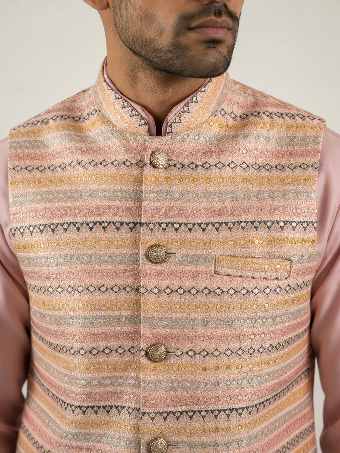 Men Cotton Blend Woven Nehru Jacket with Kurta Set ( 65KPWC 5586Pe 4161Peach )