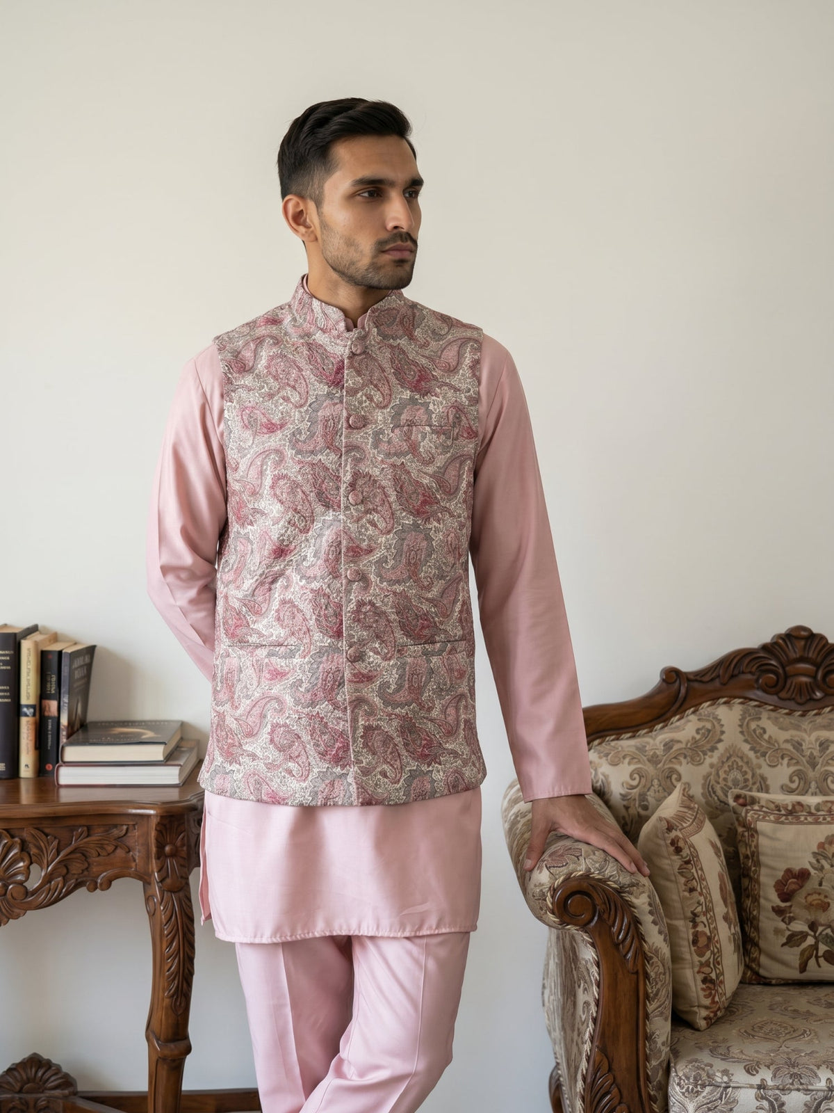 Men Embroidered Ethnic Nehru Jacket with Kurta & Pyjama Set ( 65KPWC 5586Pe 4164Peach )