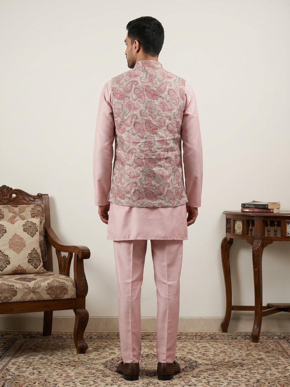 Men Embroidered Ethnic Nehru Jacket with Kurta & Pyjama Set ( 65KPWC 5586Pe 4164Peach )