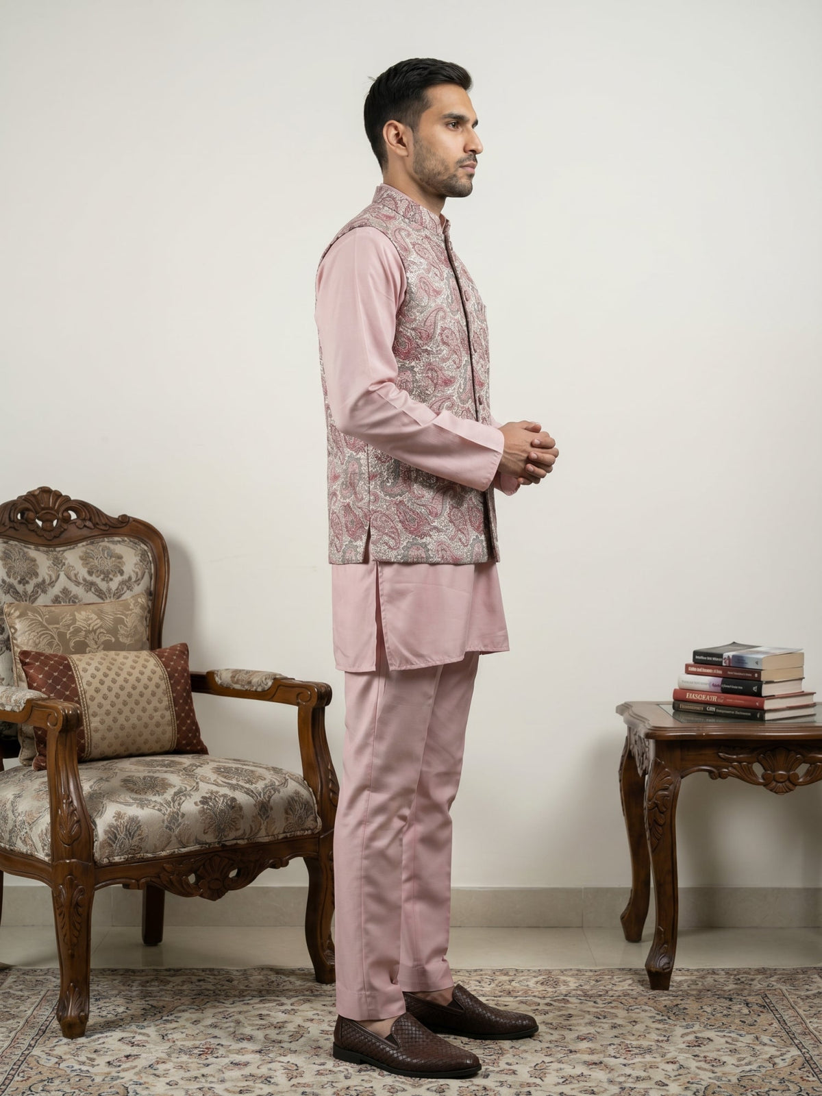 Men Embroidered Ethnic Nehru Jacket with Kurta & Pyjama Set ( 65KPWC 5586Pe 4164Peach )