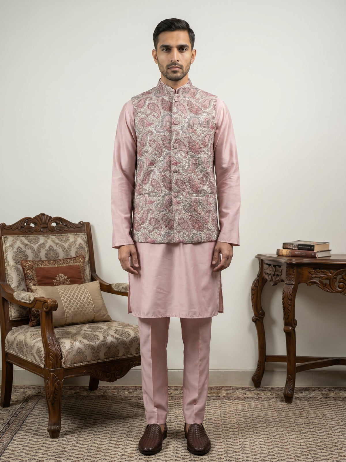 Men Embroidered Ethnic Nehru Jacket with Kurta & Pyjama Set ( 65KPWC 5586Pe 4164Peach )