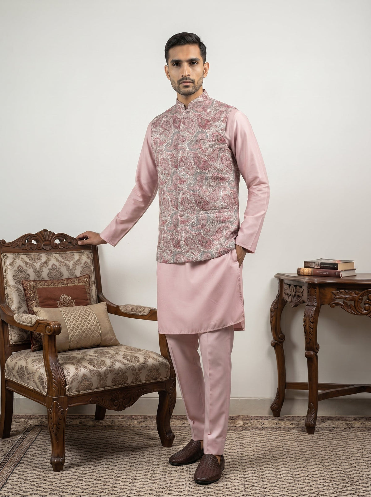 Men Embroidered Ethnic Nehru Jacket with Kurta & Pyjama Set ( 65KPWC 5586Pe 4164Peach )