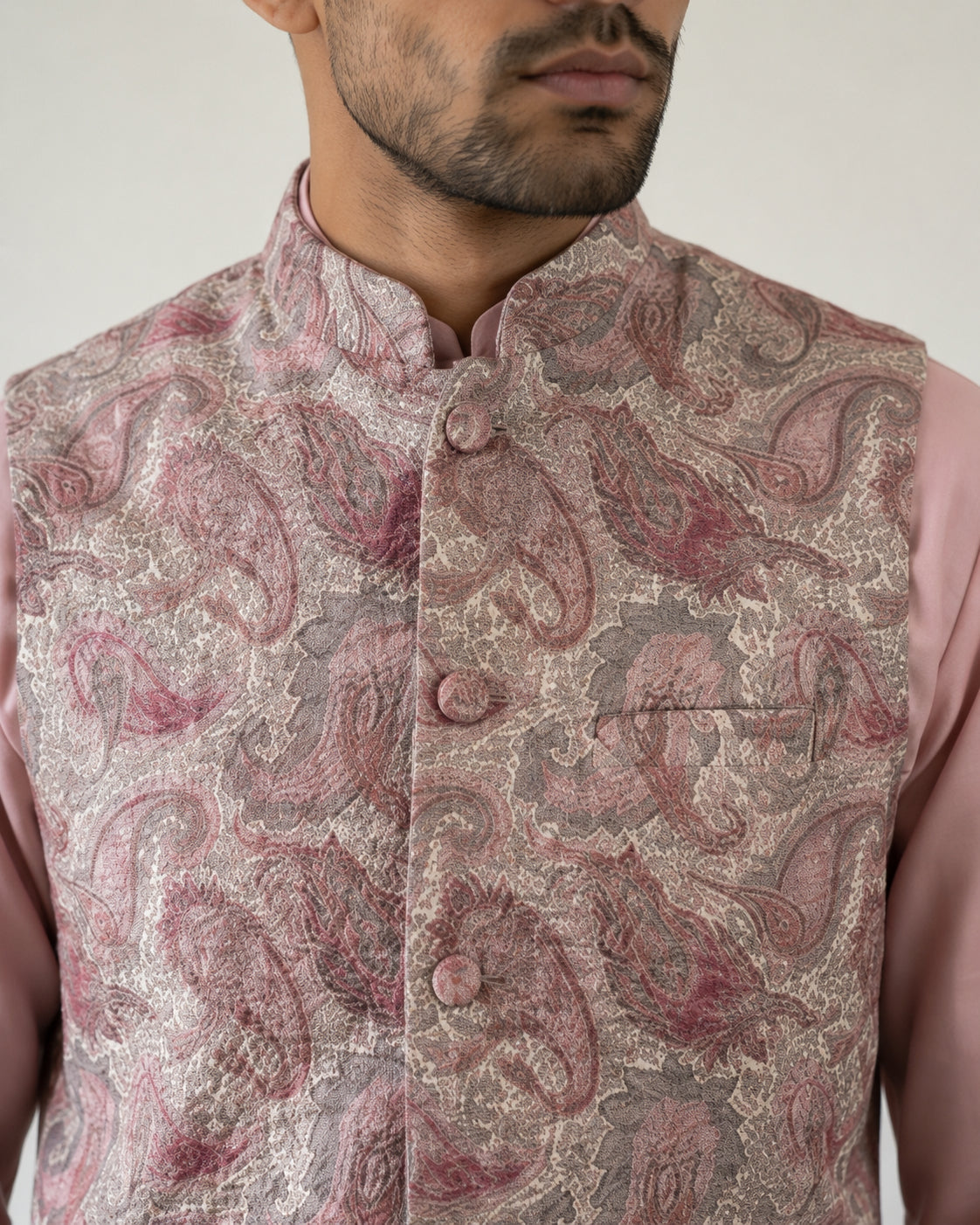 Men Embroidered Ethnic Nehru Jacket with Kurta & Pyjama Set ( 65KPWC 5586Pe 4164Peach )