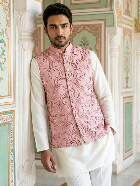 Men's Designer Sequins Nehru Jacket with Kurta Pyjama ( 65KPWC 5586Pe 4173Peach )