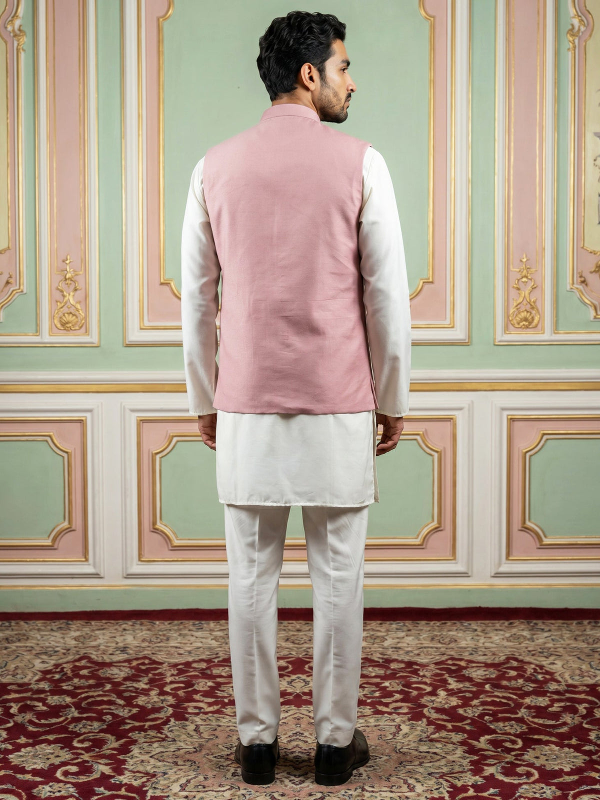 Men's Designer Sequins Nehru Jacket with Kurta Pyjama ( 65KPWC 5586Pe 4173Peach )