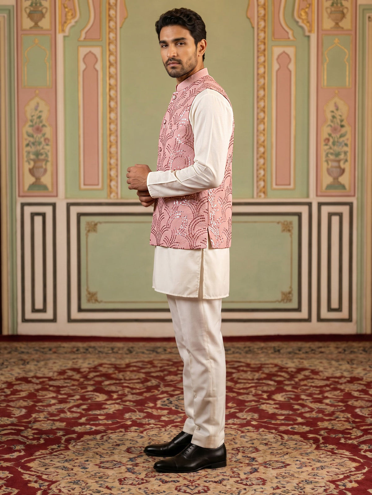 Men's Designer Sequins Nehru Jacket with Kurta Pyjama ( 65KPWC 5586Pe 4173Peach )
