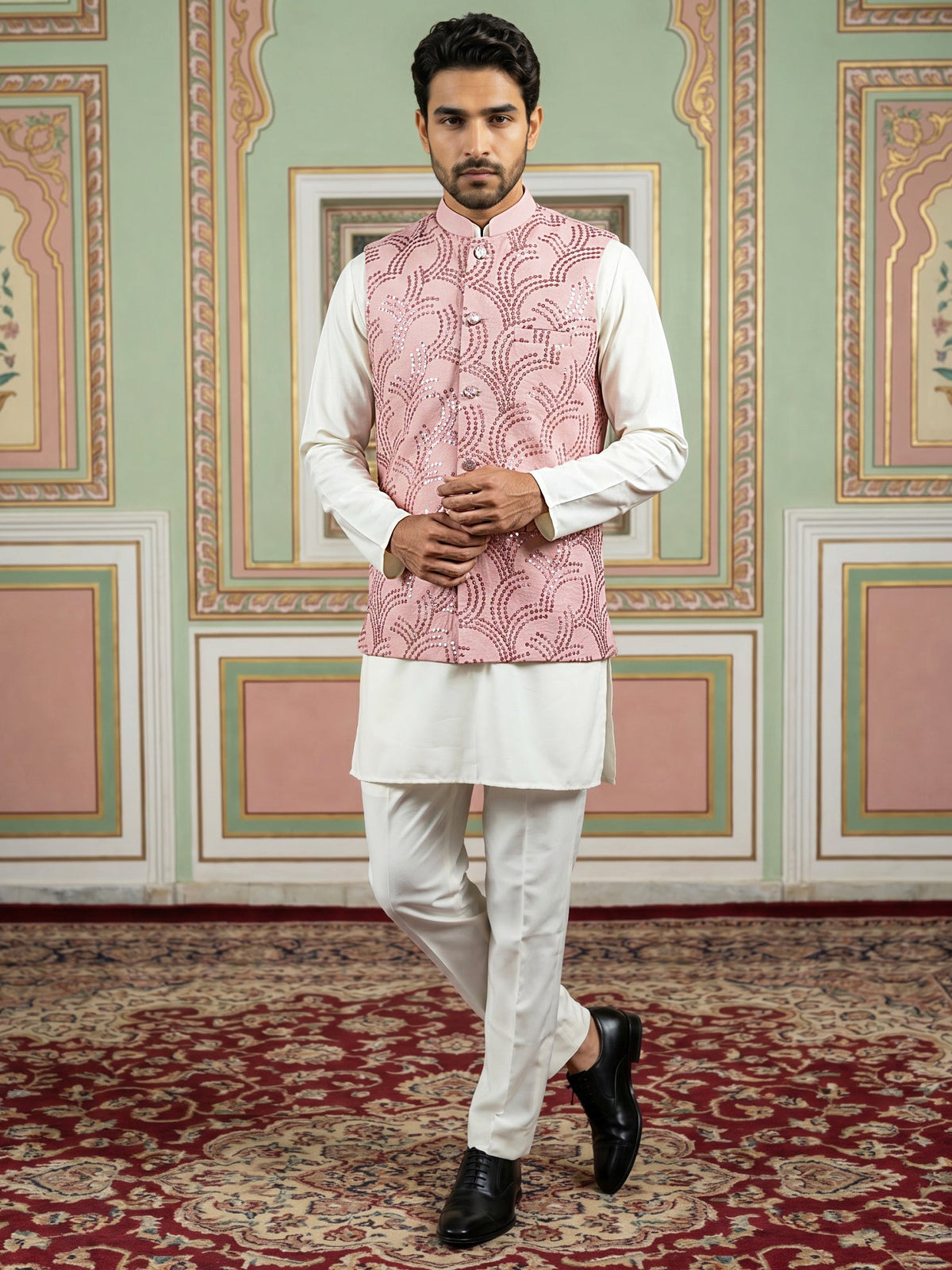 Men's Designer Sequins Nehru Jacket with Kurta Pyjama ( 65KPWC 5586Pe 4173Peach )