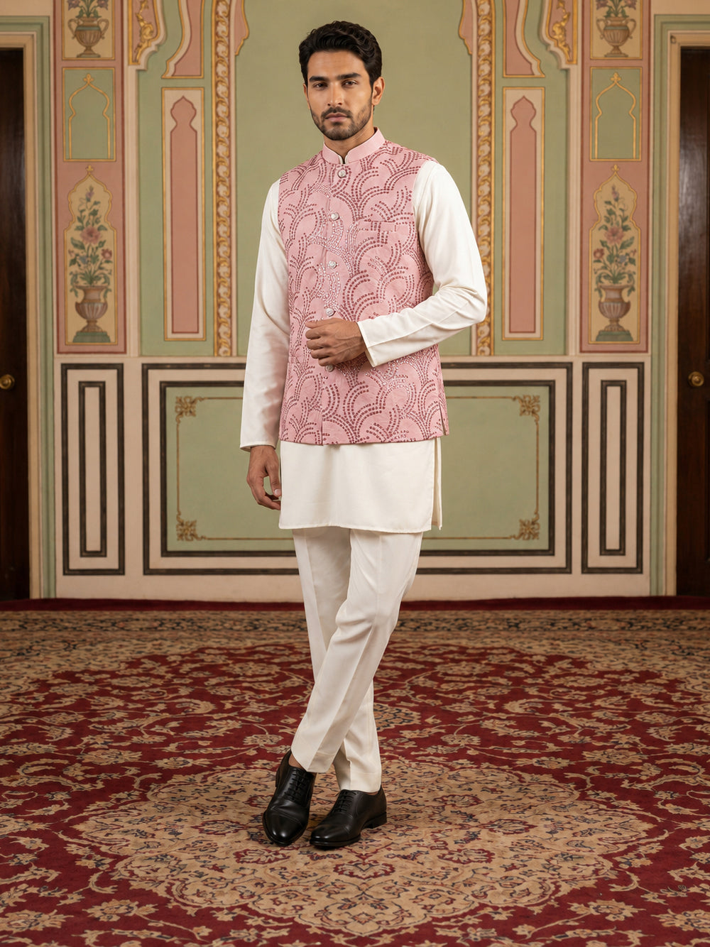 Men's Designer Sequins Nehru Jacket with Kurta Pyjama ( 65KPWC 5586Pe 4173Peach )