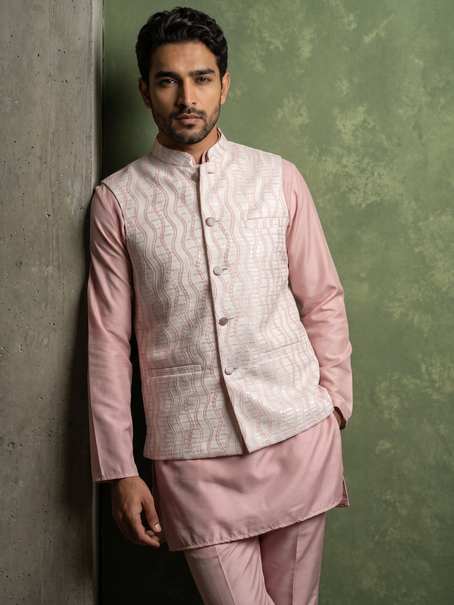 Men Woven Nehru Jacket With Kurta Set ( 65KPWC 5586Pe 4180Peach )