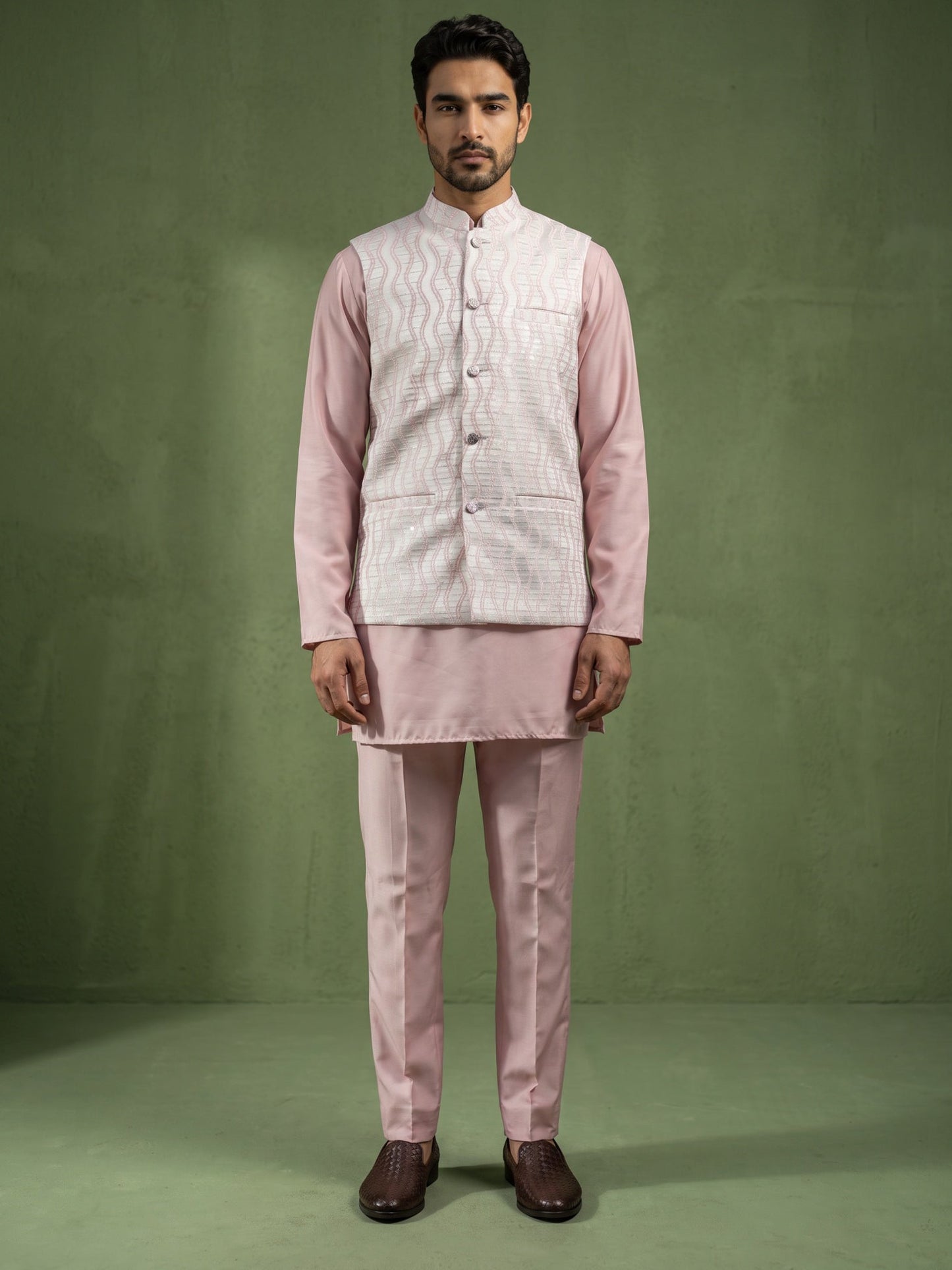 Men Woven Nehru Jacket With Kurta Set ( 65KPWC 5586Pe 4180Peach )