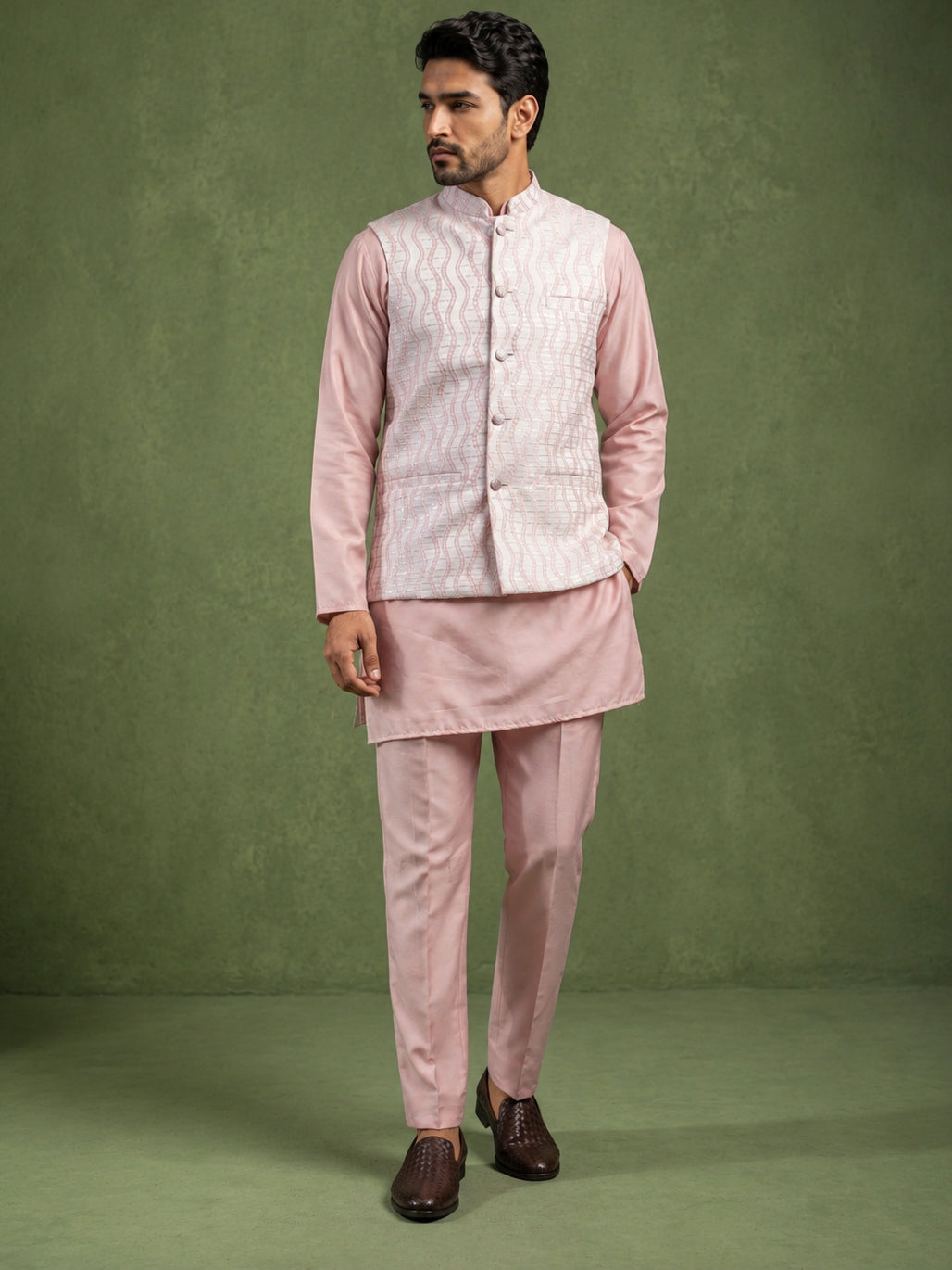 Men Woven Nehru Jacket With Kurta Set ( 65KPWC 5586Pe 4180Peach )