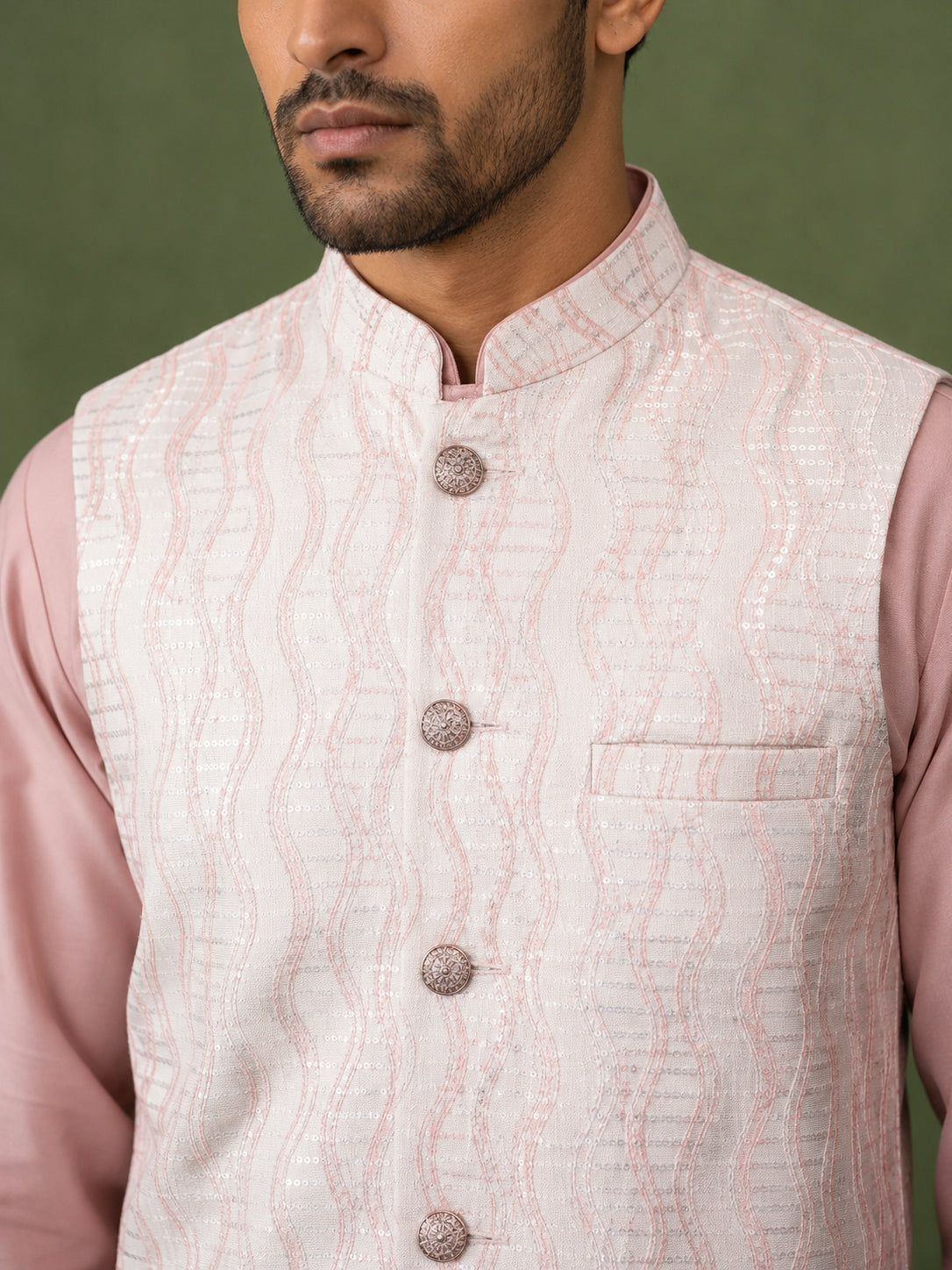 Men Woven Nehru Jacket With Kurta Set ( 65KPWC 5586Pe 4180Peach )