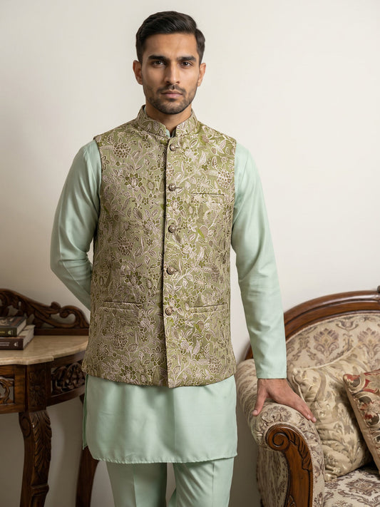 Men's Floral Jacquard Silk Blend Nehru Jacket with Kurta Set ( 65KPWC 5586Pi 4155Pista )