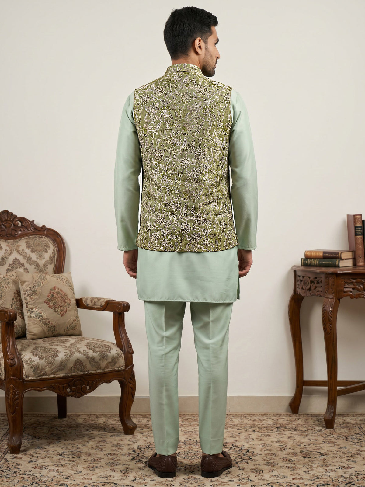 Men's Floral Jacquard Silk Blend Nehru Jacket with Kurta Set ( 65KPWC 5586Pi 4155Pista )