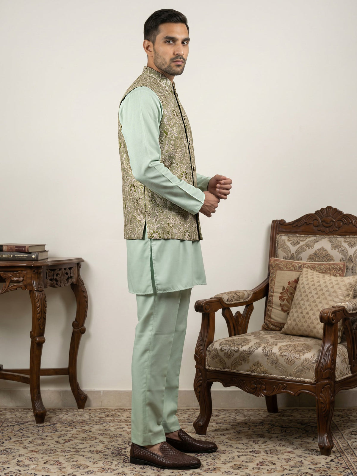 Men's Floral Jacquard Silk Blend Nehru Jacket with Kurta Set ( 65KPWC 5586Pi 4155Pista )
