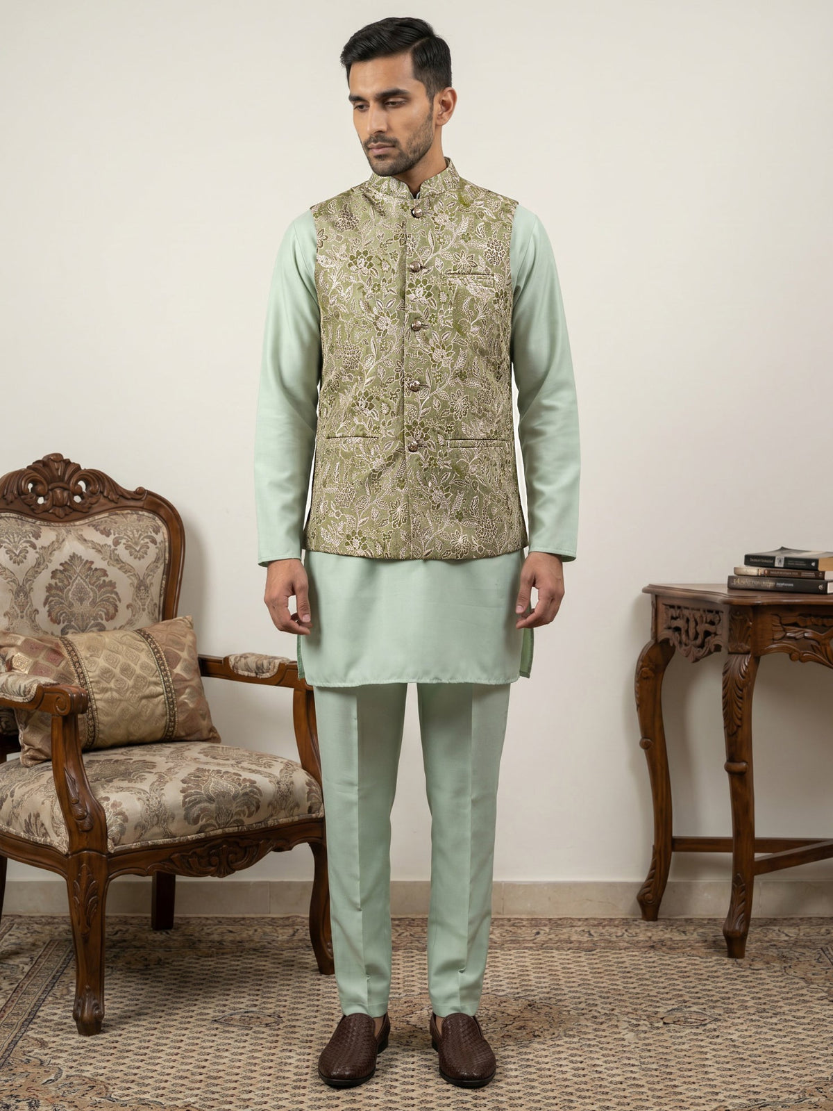 Men's Floral Jacquard Silk Blend Nehru Jacket with Kurta Set ( 65KPWC 5586Pi 4155Pista )