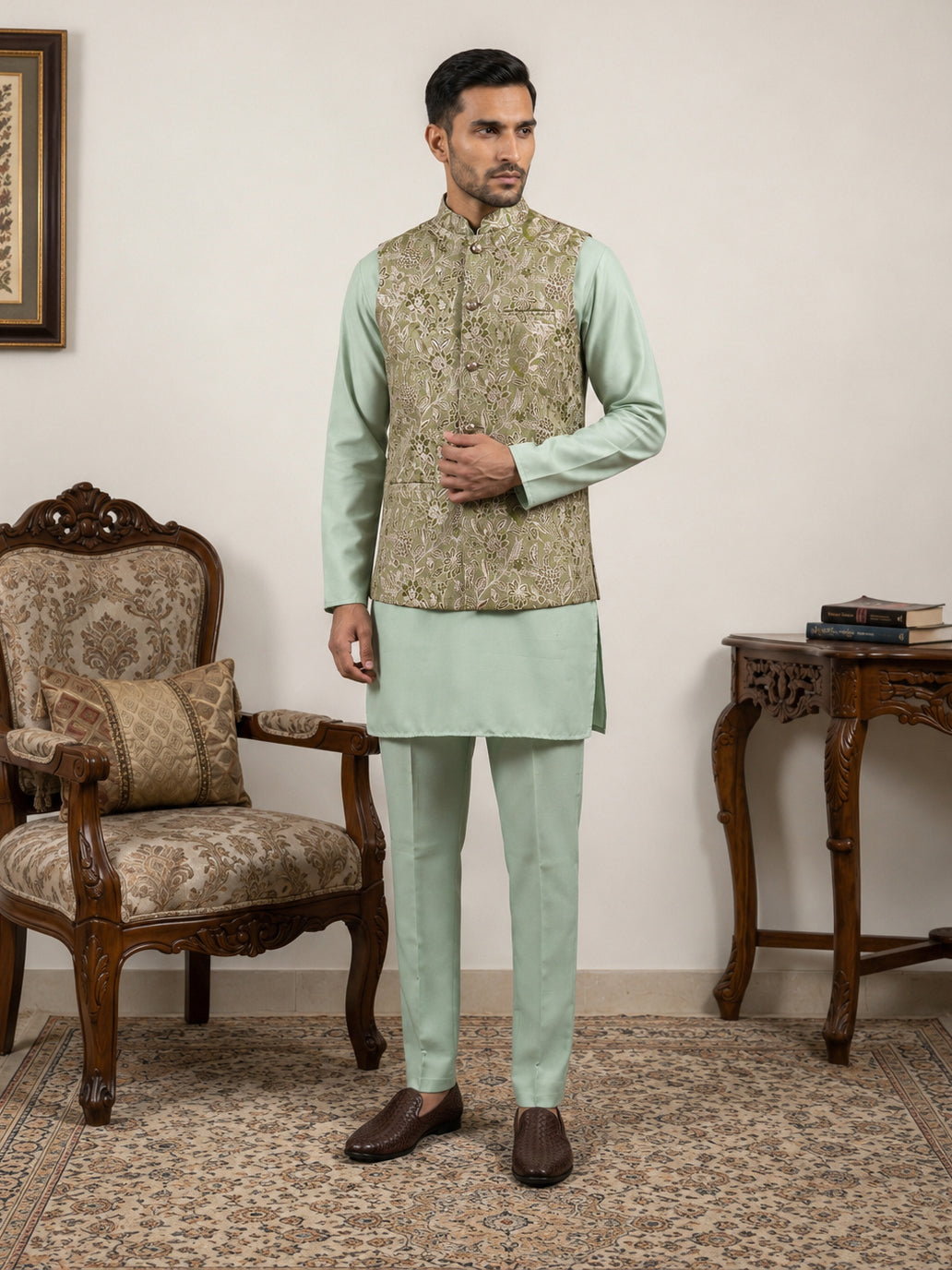 Men's Floral Jacquard Silk Blend Nehru Jacket with Kurta Set ( 65KPWC 5586Pi 4155Pista )