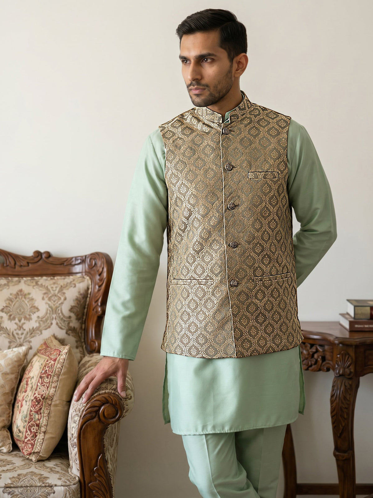 Men's Woven Design Silk Blend Nehru Jacket with Kurta Pyjama ( 65KPWC 5586Pi 4157Green )