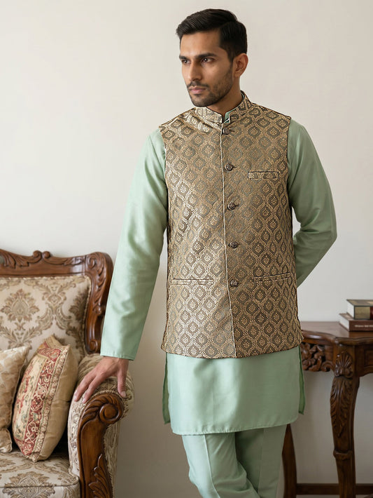Men's Woven Design Silk Blend Nehru Jacket with Kurta Pyjama ( 65KPWC 5586Pi 4157Green )