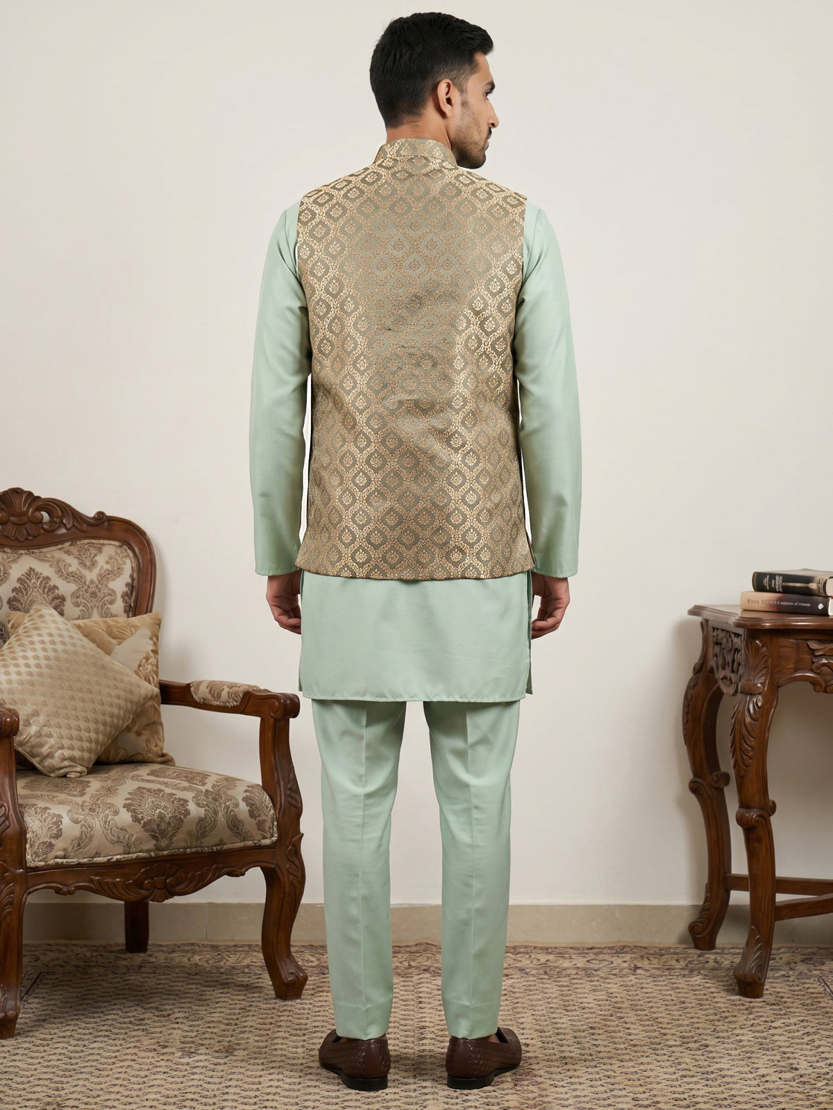Men's Woven Design Silk Blend Nehru Jacket with Kurta Pyjama ( 65KPWC 5586Pi 4157Green )