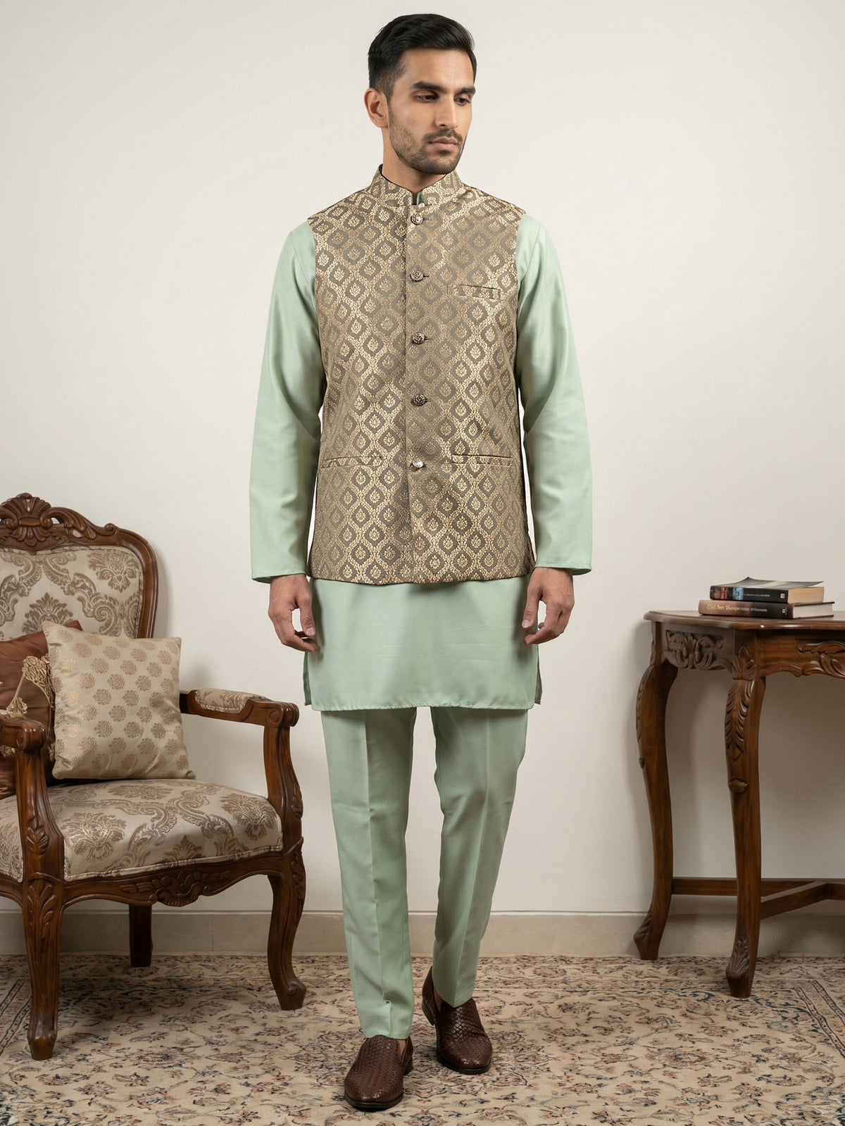 Men's Woven Design Silk Blend Nehru Jacket with Kurta Pyjama ( 65KPWC 5586Pi 4157Green )