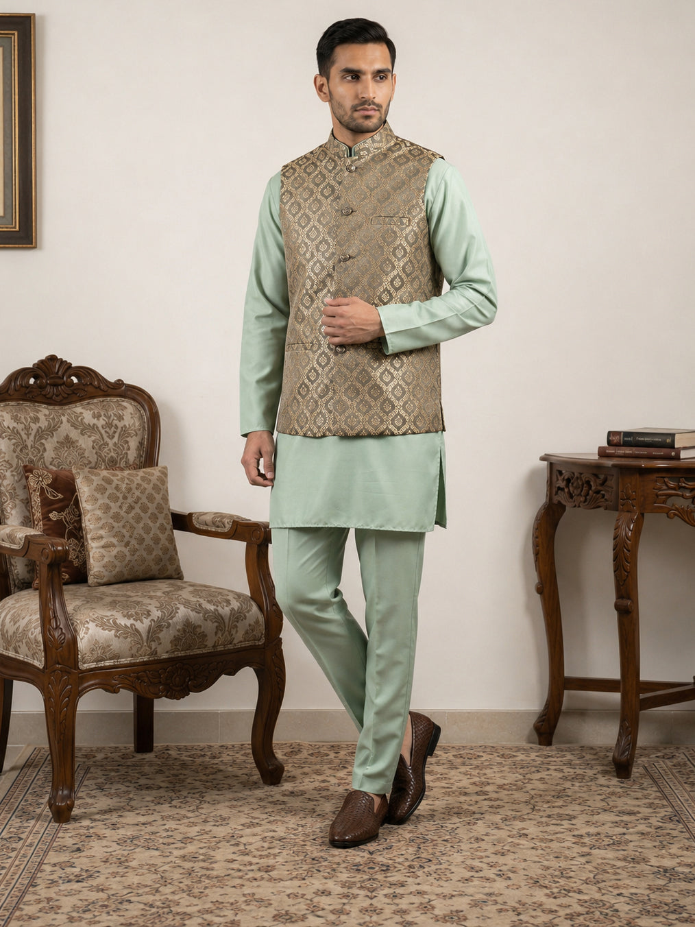 Men's Woven Design Silk Blend Nehru Jacket with Kurta Pyjama ( 65KPWC 5586Pi 4157Green )