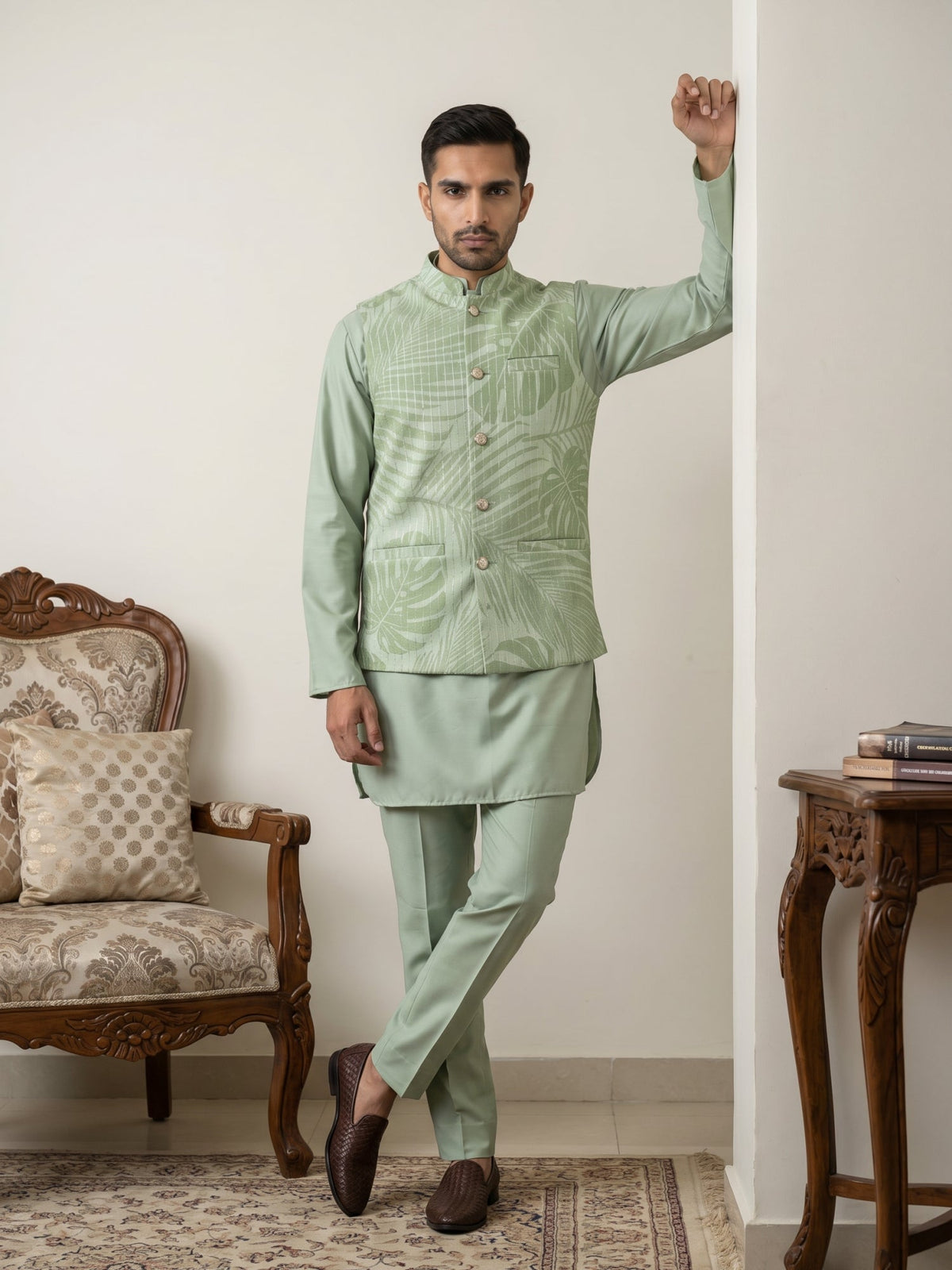 Men Printed Cotton Blend Nehru Jacket with Kurta Set ( 65KPWC 5586Pi 4158Pista )