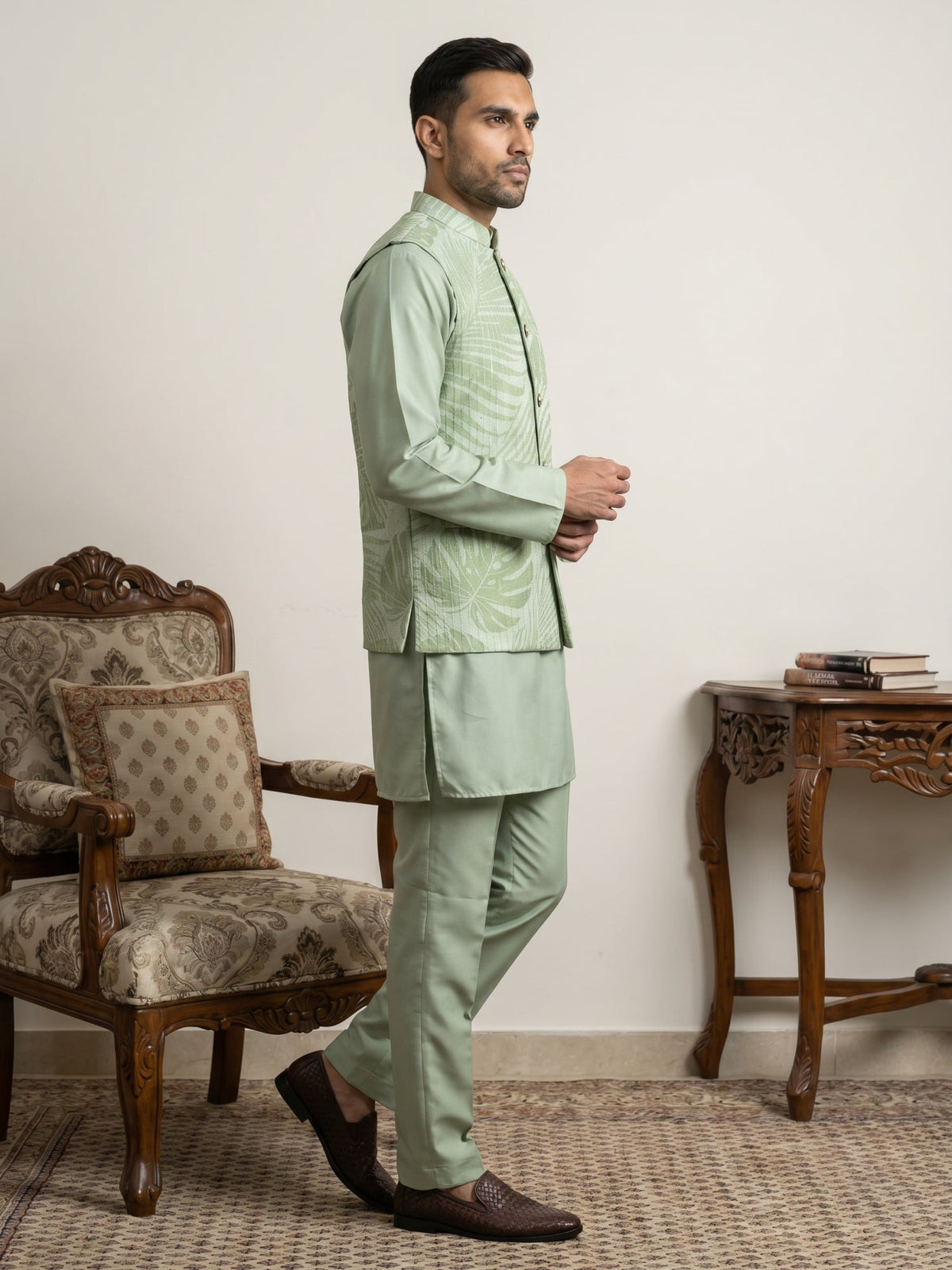 Men Printed Cotton Blend Nehru Jacket with Kurta Set ( 65KPWC 5586Pi 4158Pista )