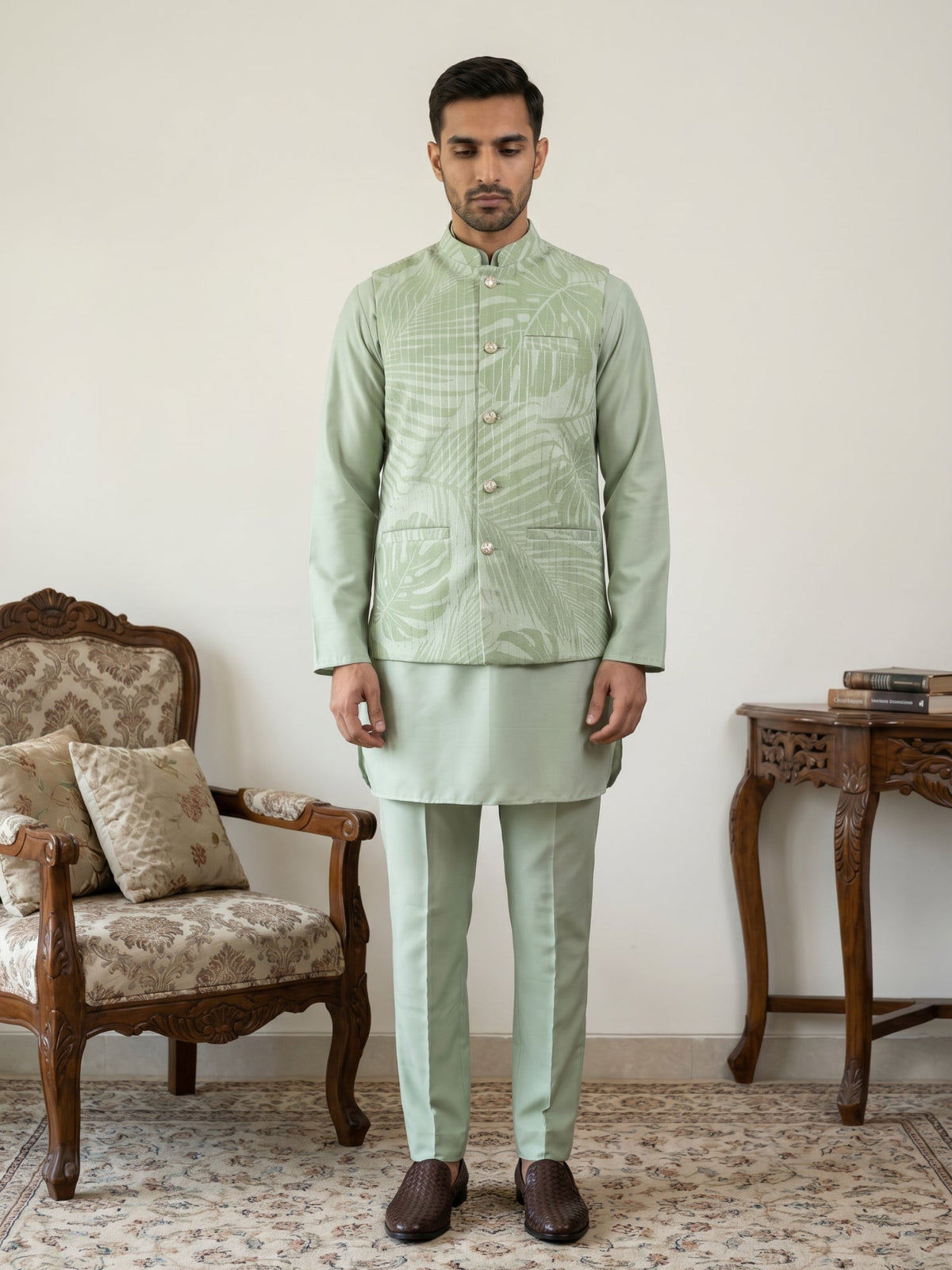 Men Printed Cotton Blend Nehru Jacket with Kurta Set ( 65KPWC 5586Pi 4158Pista )
