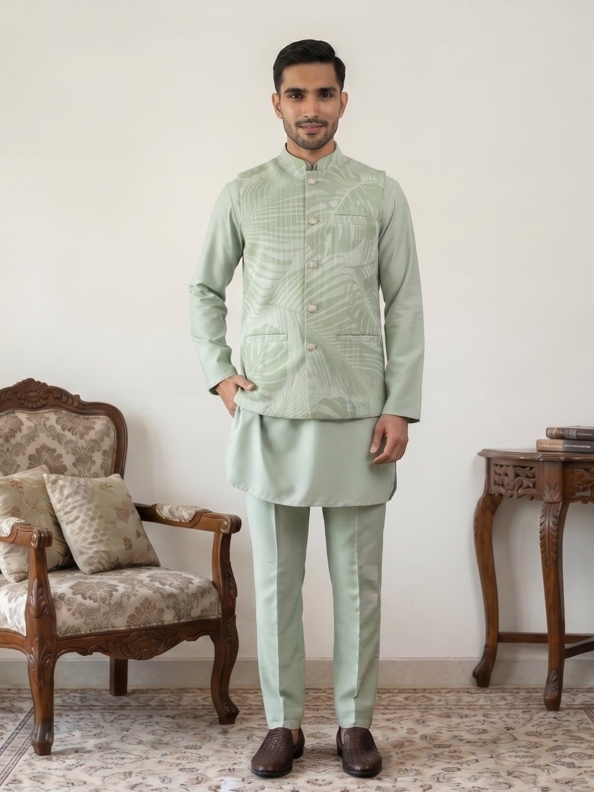 Men Printed Cotton Blend Nehru Jacket with Kurta Set ( 65KPWC 5586Pi 4158Pista )