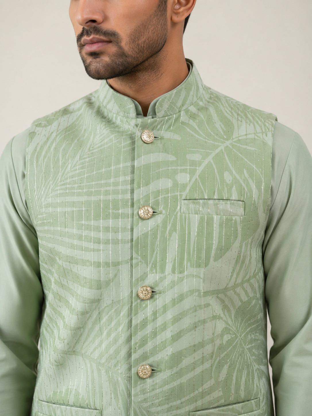 Men Printed Cotton Blend Nehru Jacket with Kurta Set ( 65KPWC 5586Pi 4158Pista )