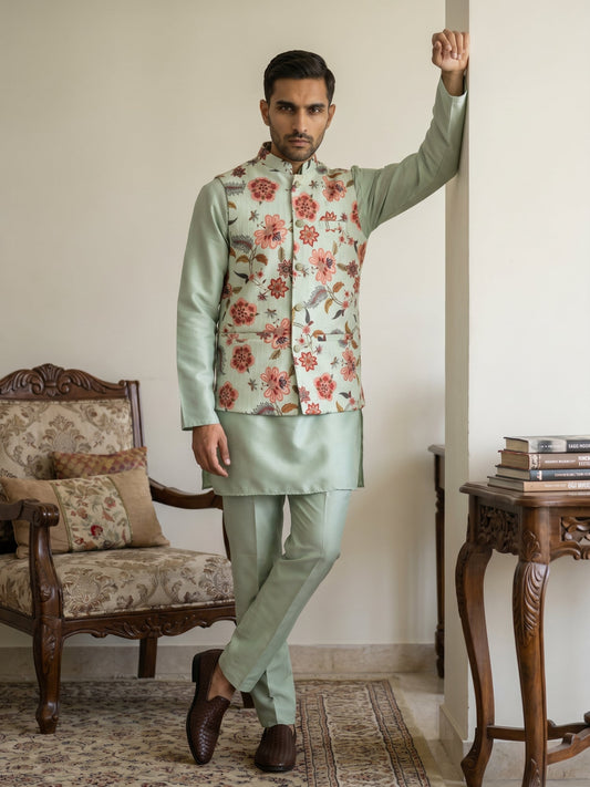 Men's Floral Printed Nehru Jacket with Kurta Pyjama Set ( 65KPWC 5586Pi 4160Pista )