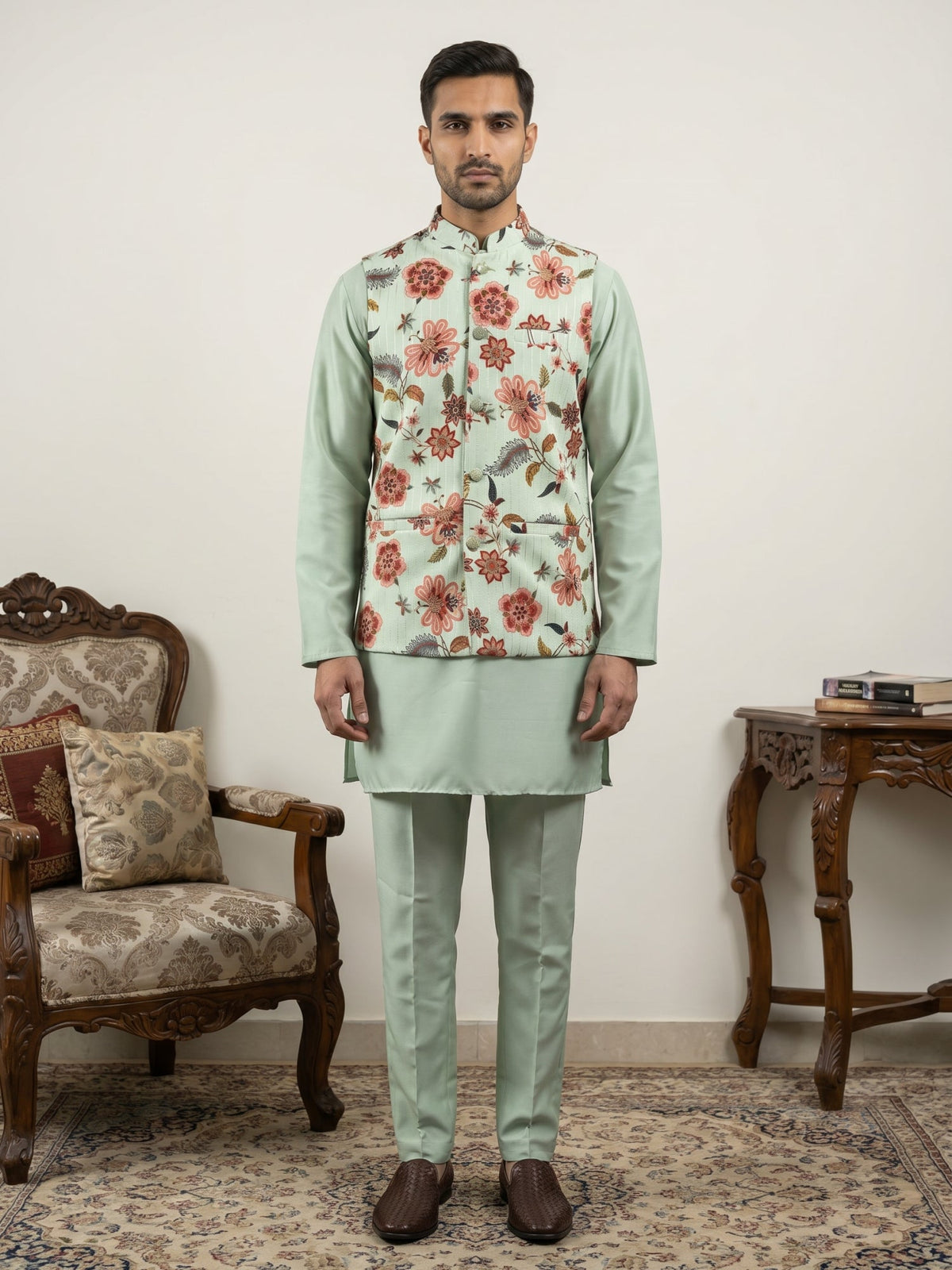 Men's Floral Printed Nehru Jacket with Kurta Pyjama Set ( 65KPWC 5586Pi 4160Pista )