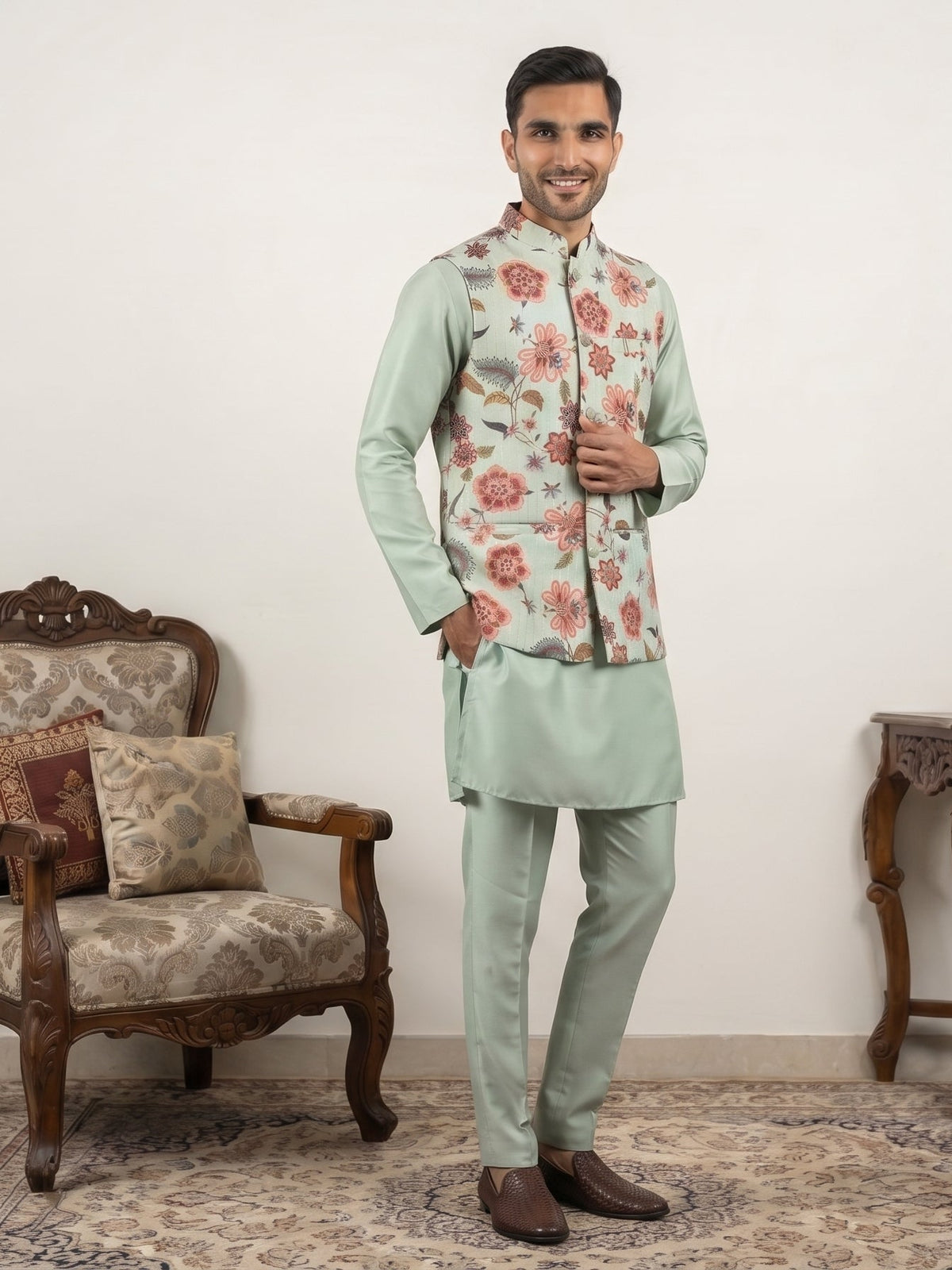 Men's Floral Printed Nehru Jacket with Kurta Pyjama Set ( 65KPWC 5586Pi 4160Pista )