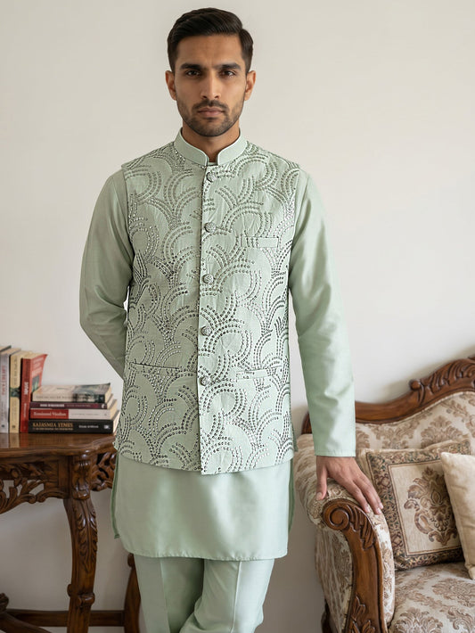 Men's Designer Sequins Nehru Jacket with Kurta Pyjama ( 65KPWC 5586Pi 4173Pista )