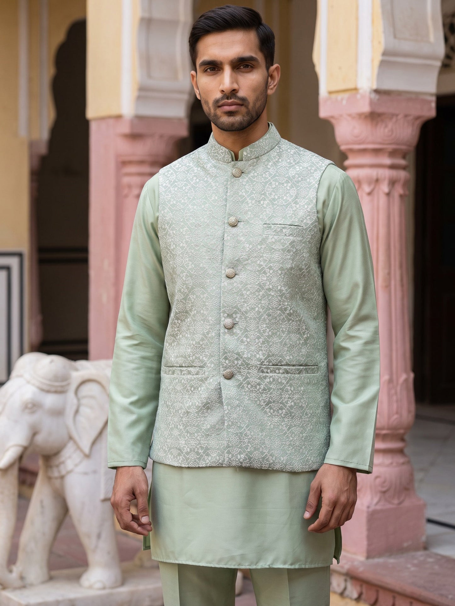 Jacquard Woven Nehru Jacket With Kurta Set ( 65KPWC 5586Pi 4184Pista )